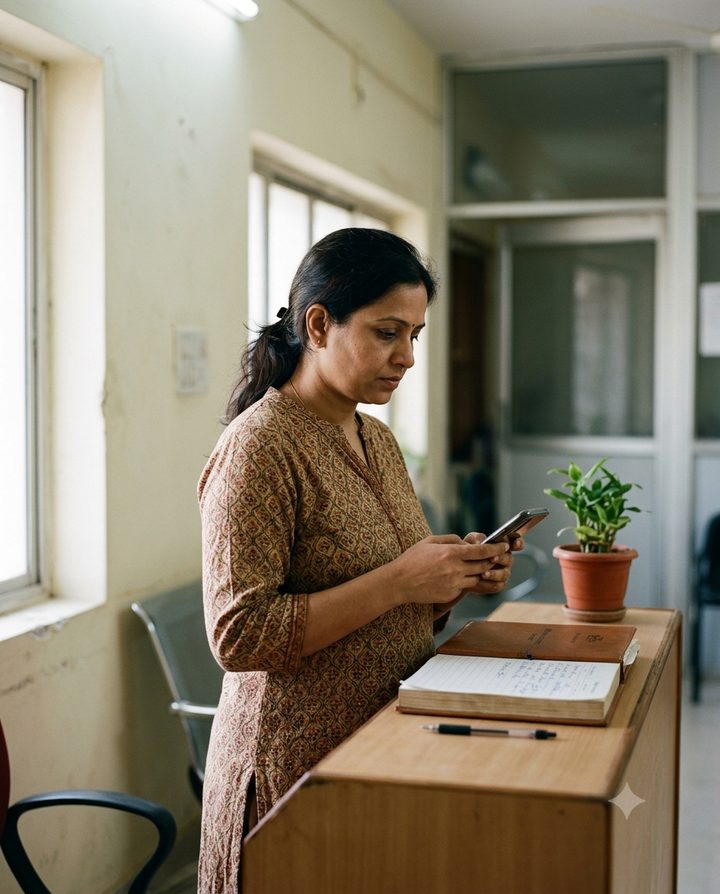 Clinic owner standing at a reception desk, checking her phone beside an appointment register
